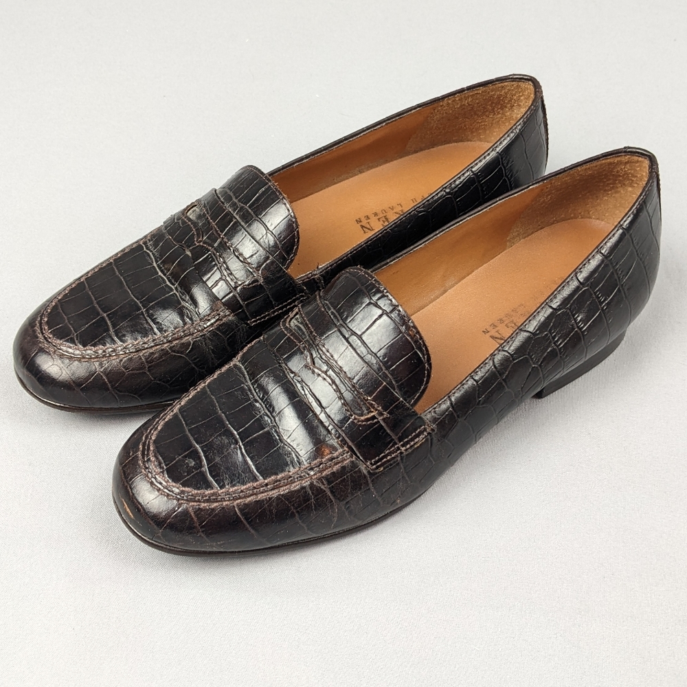 Ralph Lauren faux croc brown leather penny loafers👞